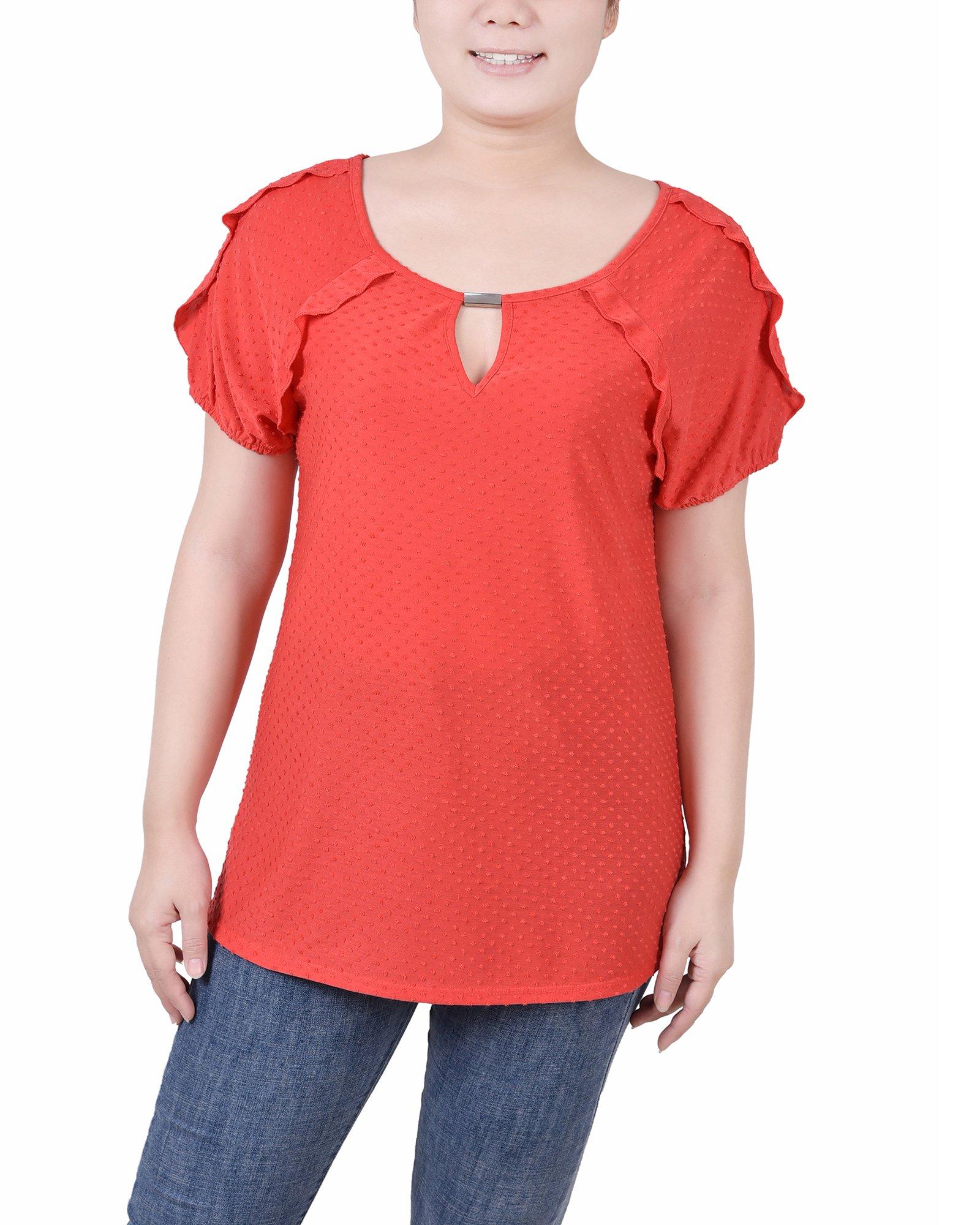 NY Collection Womens Petite Short Sleeve Swiss Dot Top