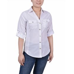 NY Collection Petite Roll Tab Blouse With Rib Insets