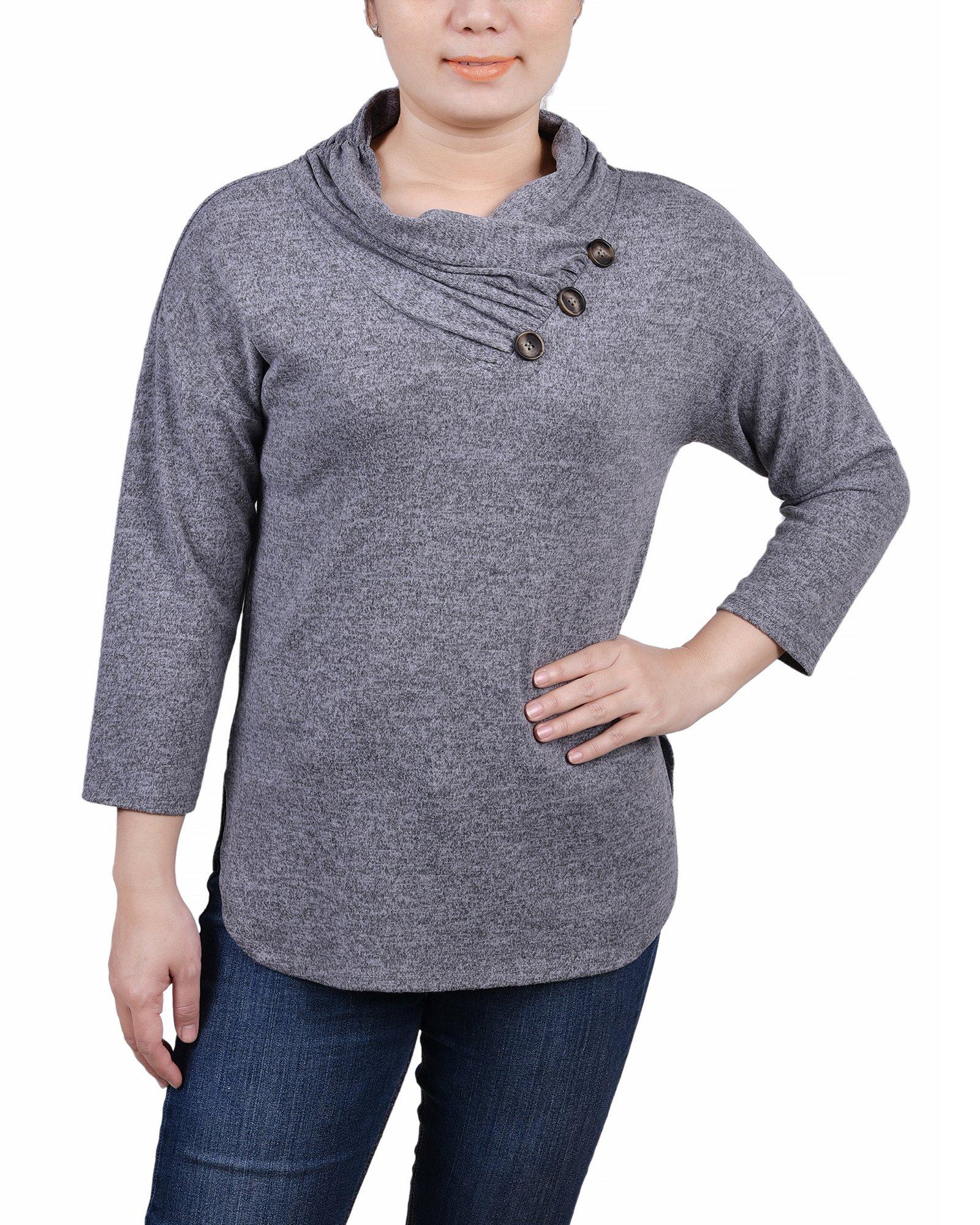 NY Collection Petite 3/4 Sleeve Crossover Cowl Neck Top