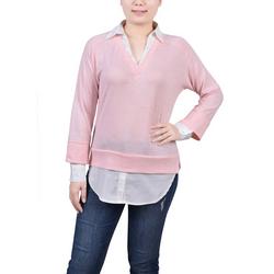 Womens Petite Long Sleeve Two-Fer Top