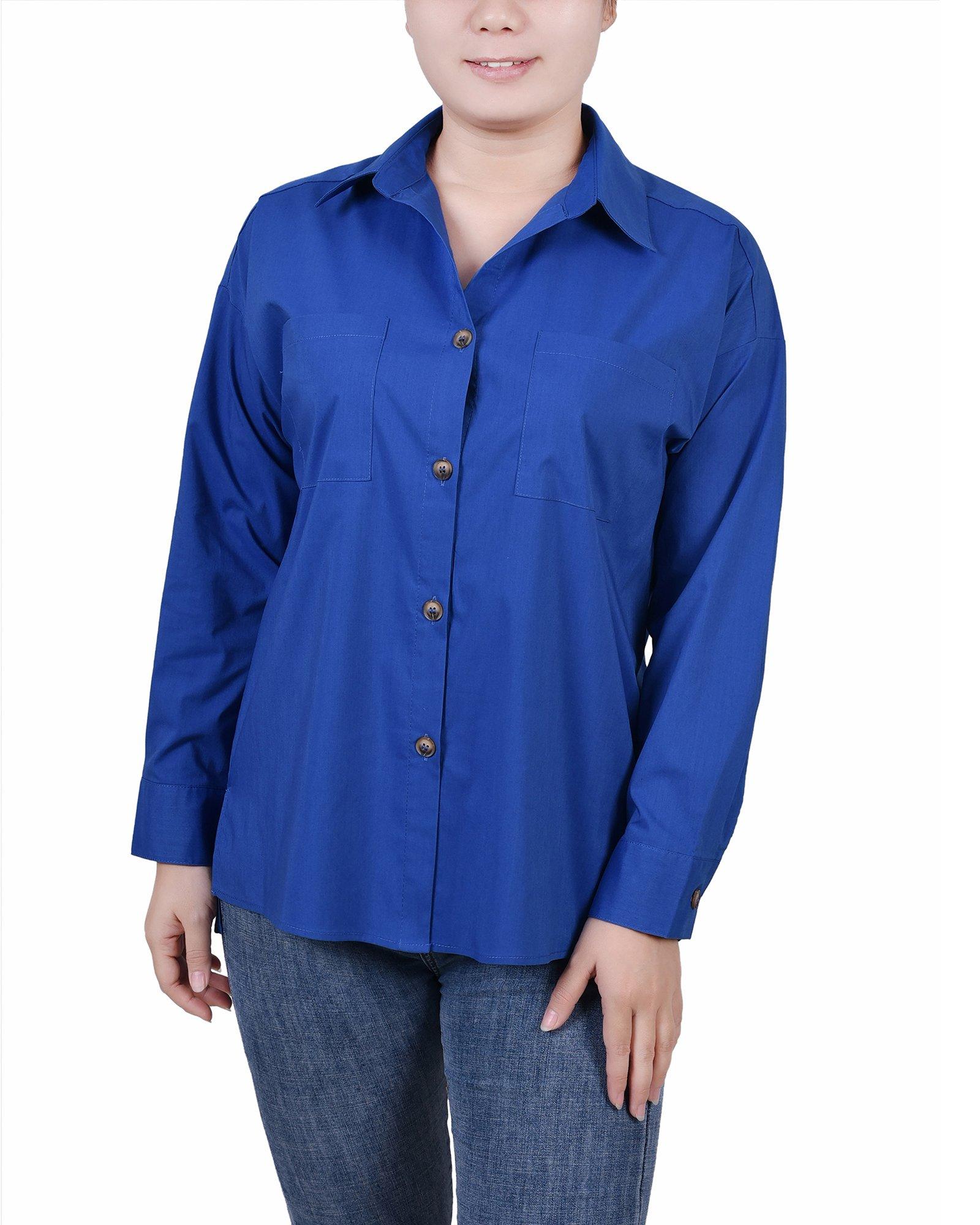 NY Collection Womens Long Sleeve Blouse With Chest Pockets