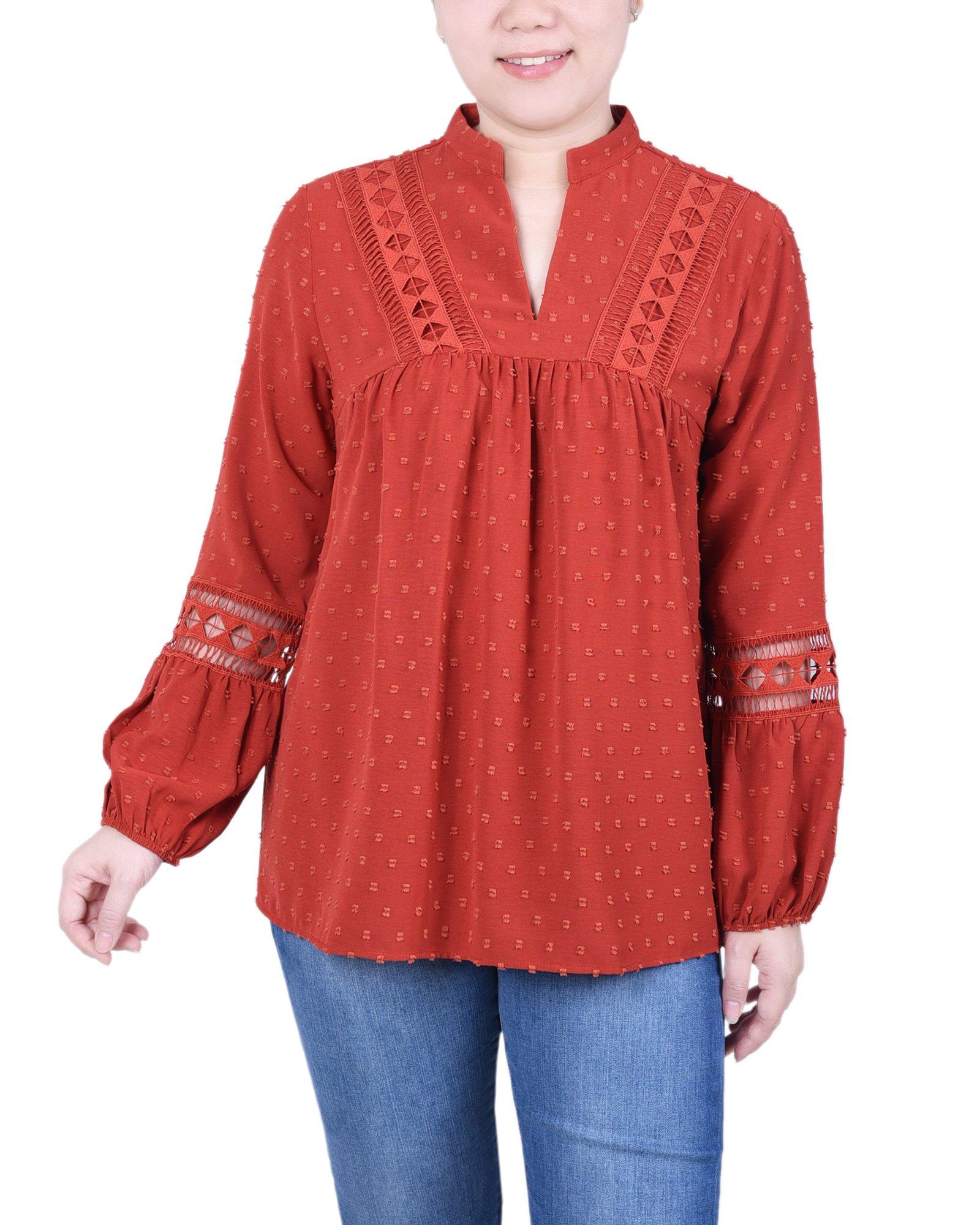 NY Collection Womens Long Sleeve Blouse With Crochet Trim