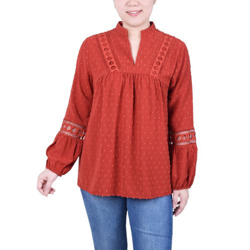 NY Collection Womens Long Sleeve Blouse With Crochet