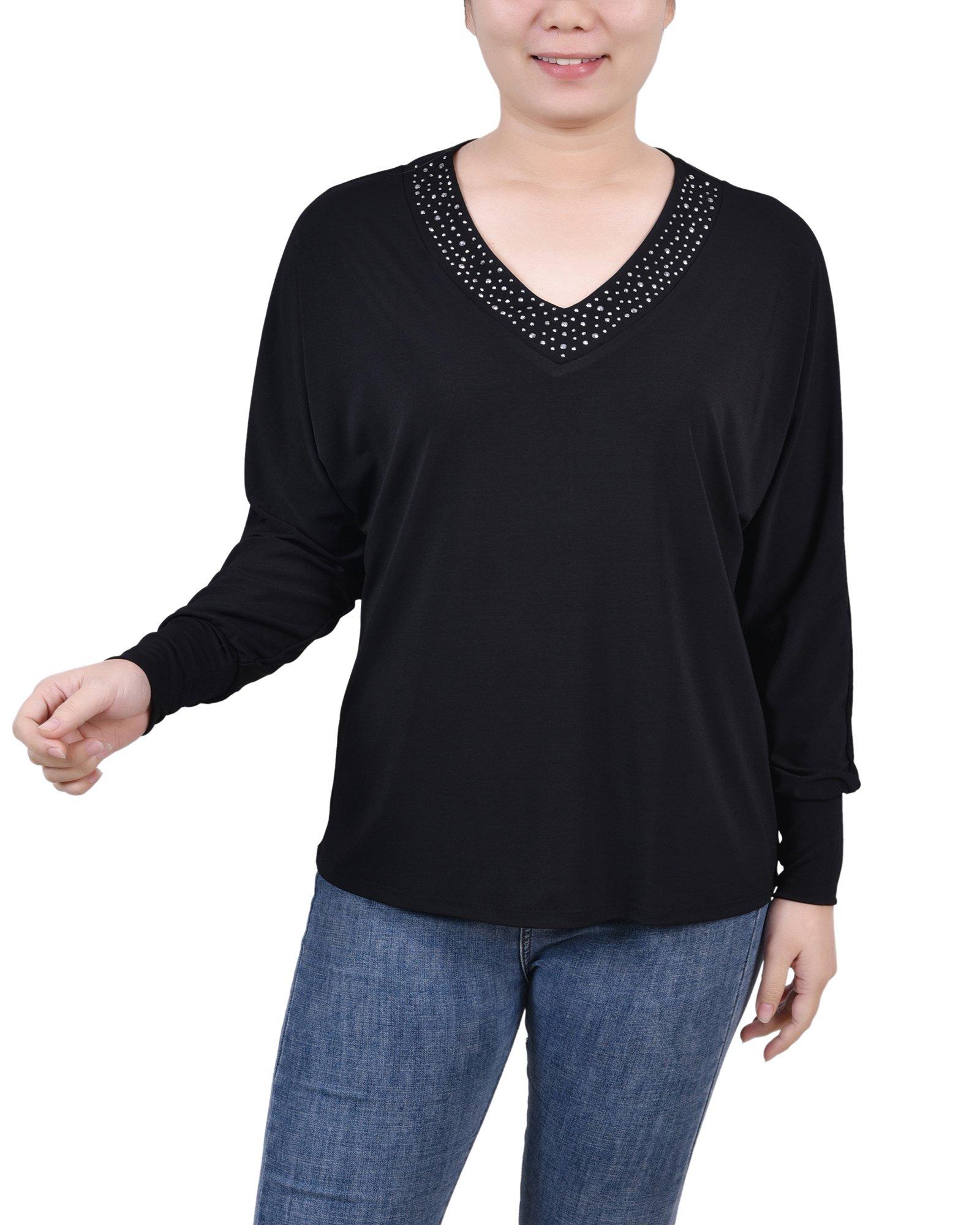 NY Collection Womens Petite Long Sleeve Studded Top
