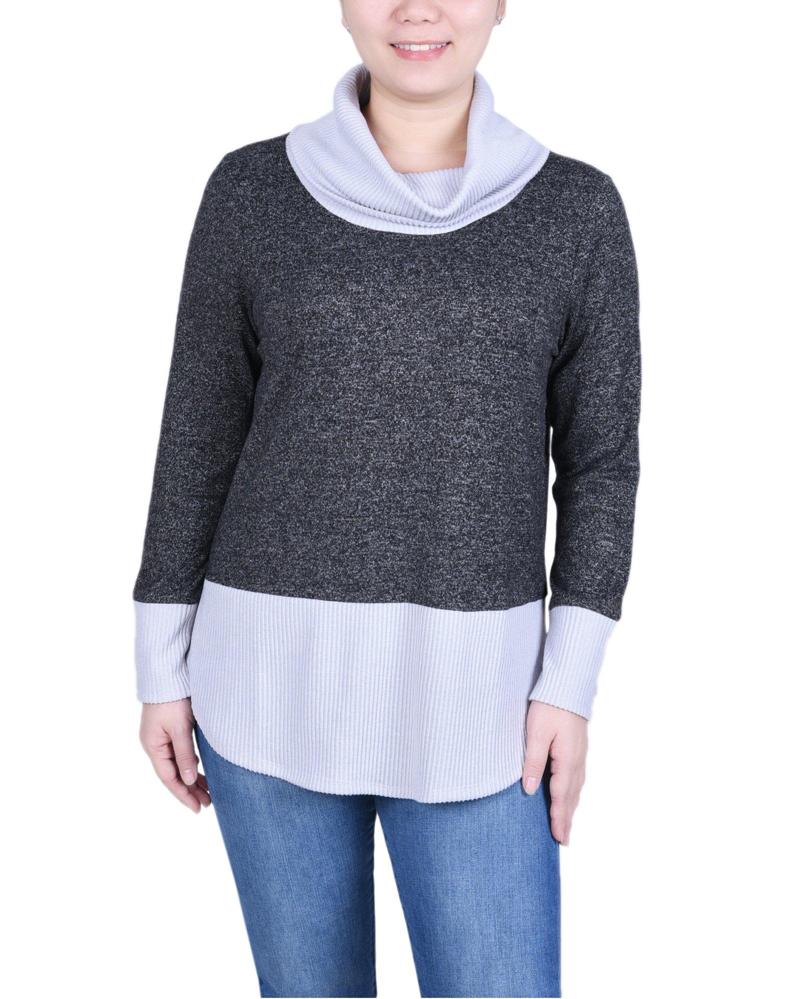 NY Collection Womens Long Sleeve Cowl Neck Colorblocked Top