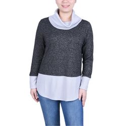 NY Collection Womens Long Sleeve Cowl Neck Colorblocked Top.