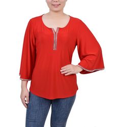 NY Collection Womens Petite 3/4 Bell Sleeve Top With Stones