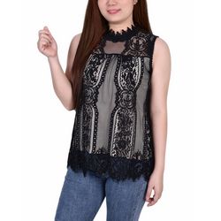 NY Collection Womens Petite Sleeveless Mock Neck Lace Top