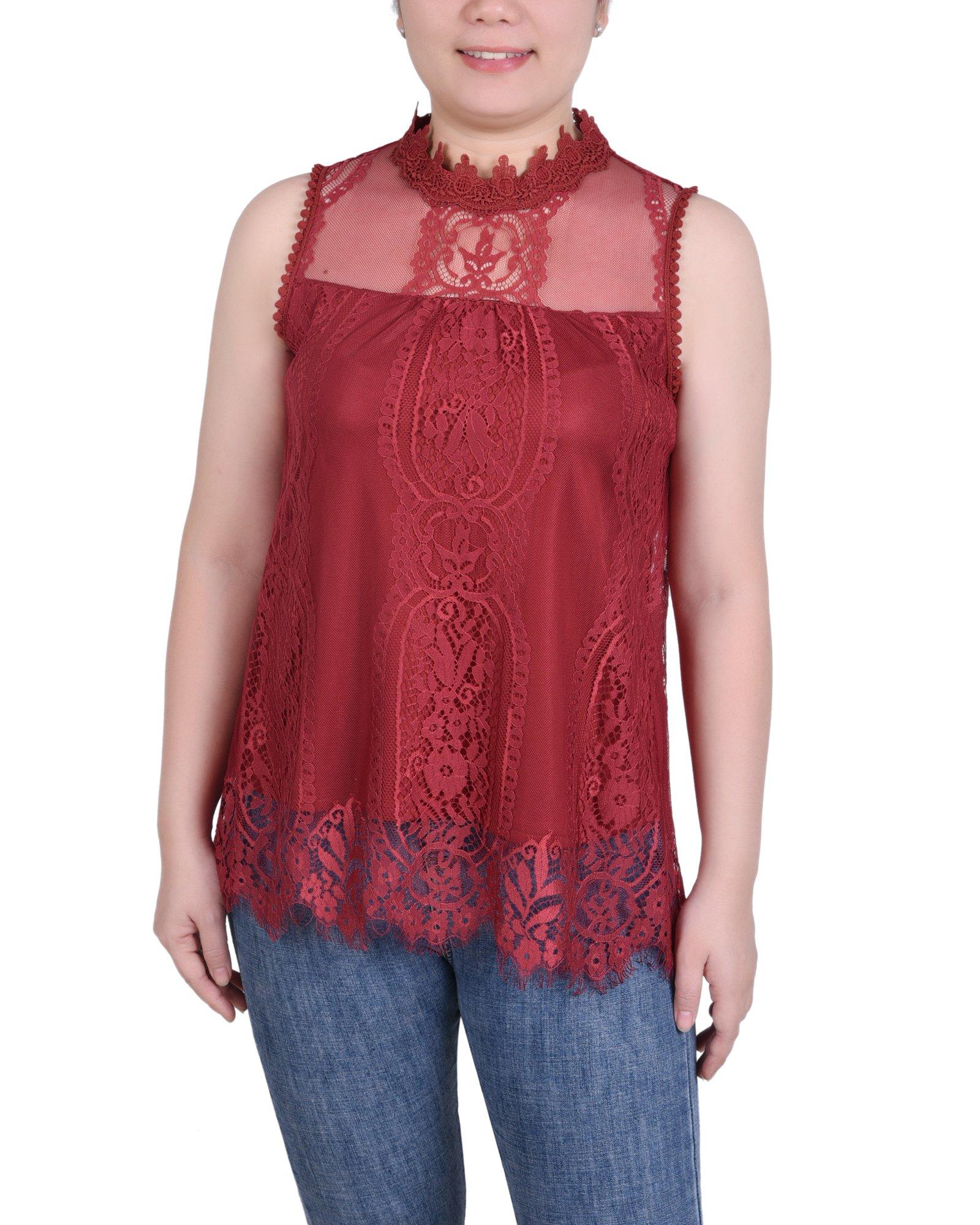 NY Collection Womens Sleeveless Mock Neck Lace Top