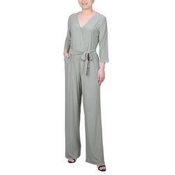 NY Collection Womens 3/4 Sleeve Belted Jumpsuit