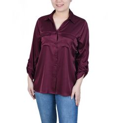 NY Collection Womens 3/4 Sleeve Roll Tab Satin Blouse