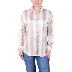 NY Collection Womens Long Sleeve Striped Satin Blouse