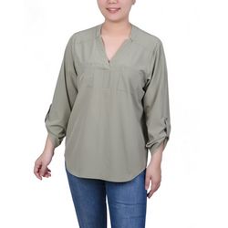 NY Collection Womens Roll Tab Sleeve Blouse With Pockets