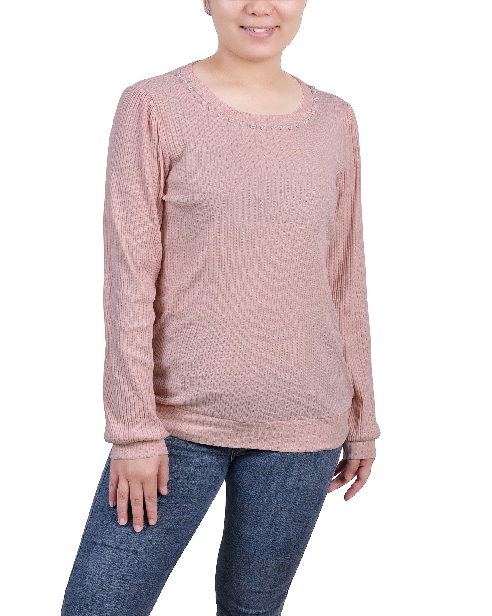 NY Collection Petite Long Sleeve Ribbed Pearl Trimmed Top