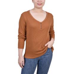 Womens Petite Long Sleeve Ribbed Henley Top