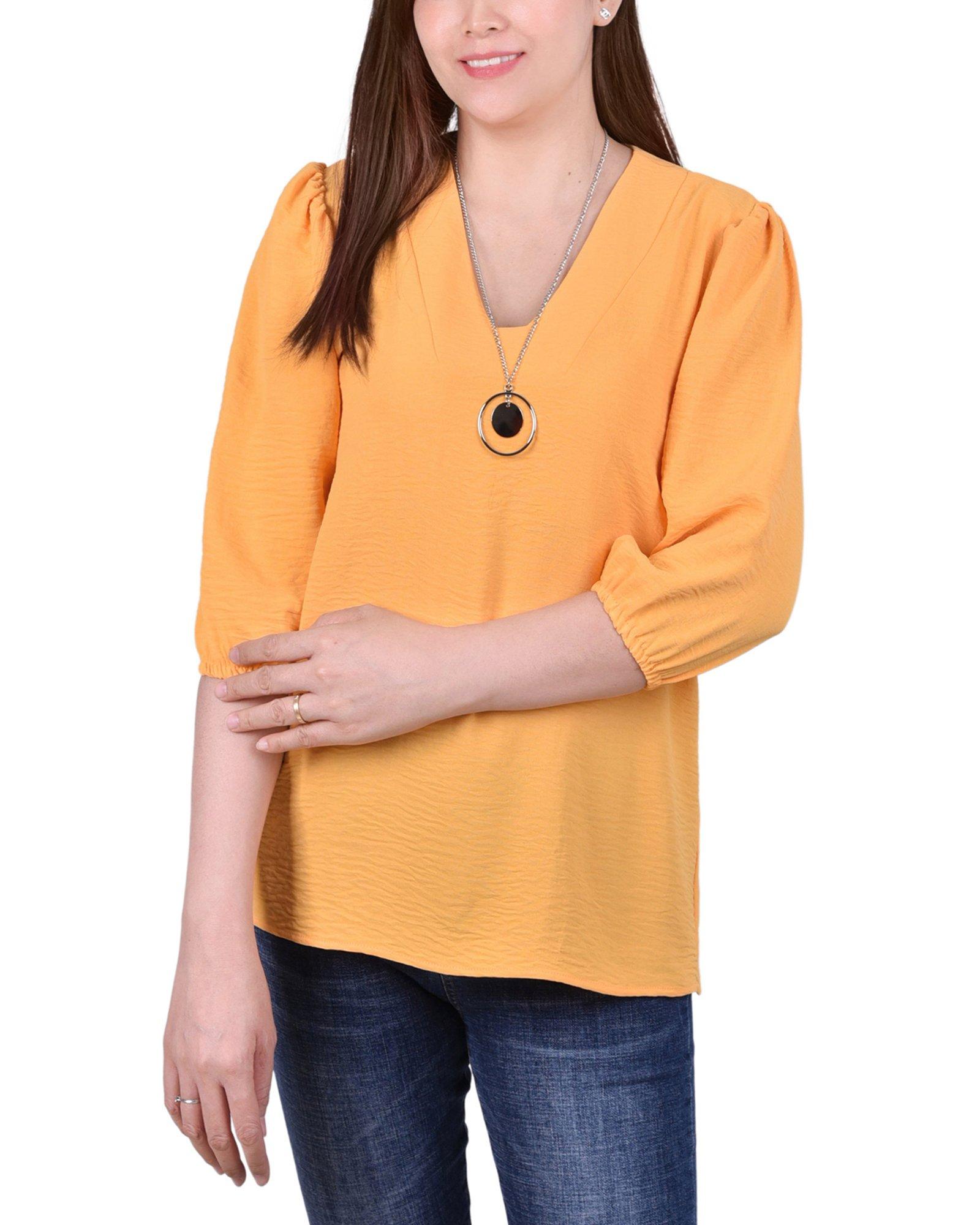 NY Collection Petite Balloon Sleeve Necklace Blouse
