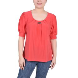 Womens Petite Short Sleeve Balloon Sleeve Top With Hardware