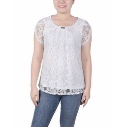 NY Collection Womens Petite Lace Petal Sleeve Top