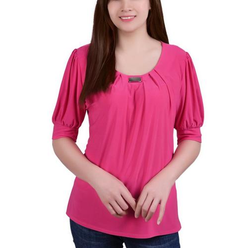 NY Collection Petite Puff Sleeve Pleated Front Blouse