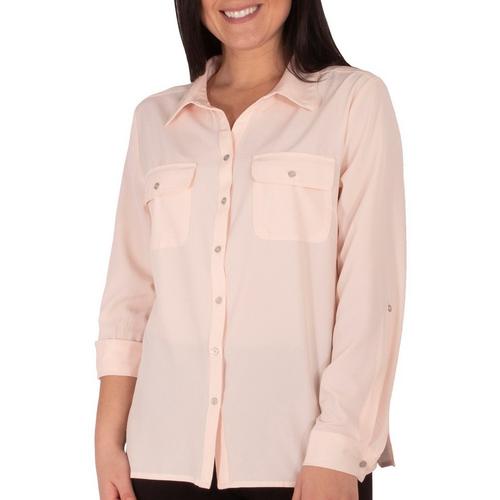 NY Collection Petite Roll Sleeve Flap Pocket Blouse