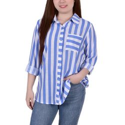 NY Collection Petite Long Sleeve Striped Blouse