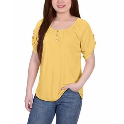NY Collection Petite Short Sleeve Round Neck Henley Top