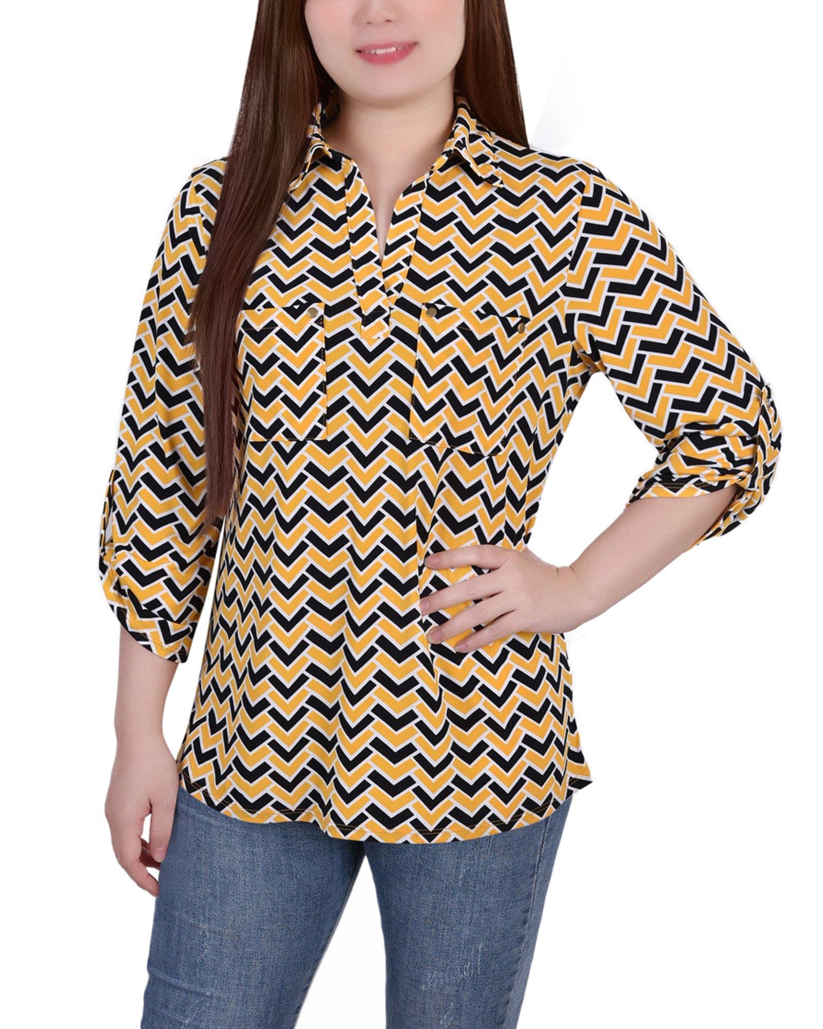 NY Collection Petite 3/4 Ruched Sleeve Studded Y Neck Top