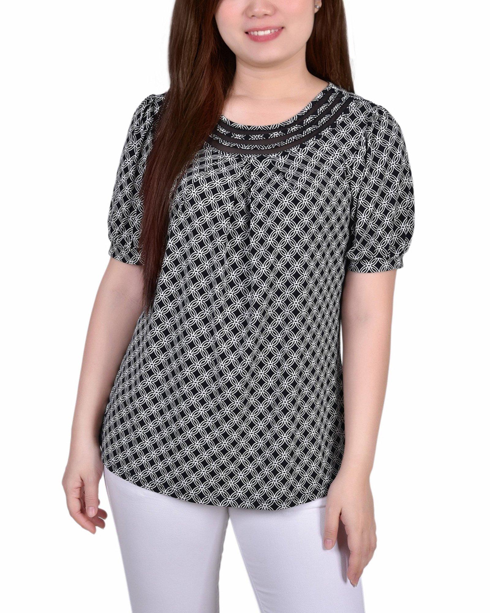 NY Collection Petite Short Puff Sleeve Mesh Inset Top