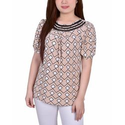 NY Collection Petite Short Puff Sleeve Mesh Inset Top