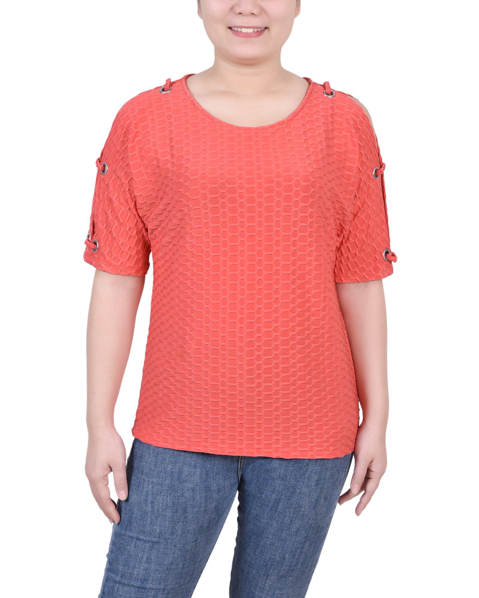 NY Collection Womens Honeycomb Open Shoulder Tunic
