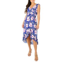 Womens Floral Print Plunge Neck High Low Sleeveless Dress