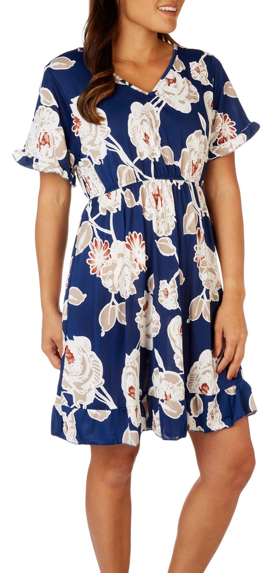 Womens Floral Print Puff Lines Short Sleeve Dress