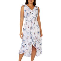 Womens Floral Print Plunge Neck High Low Sleeveless Dress