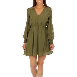 Womens Solid Button Front Long Sleeve Dress