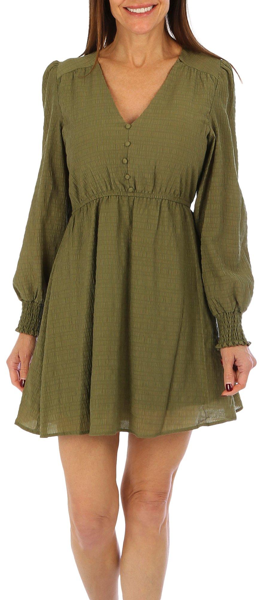 Womens Solid Button Front Long Sleeve Dress