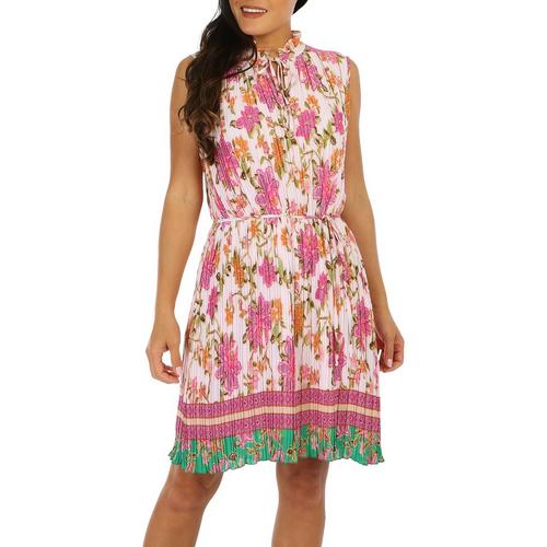 Emma & Michelle Womens Floral Pleated Sleeveless Dress