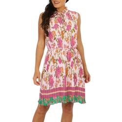 Womens Floral Pleated Sleeveless Dress