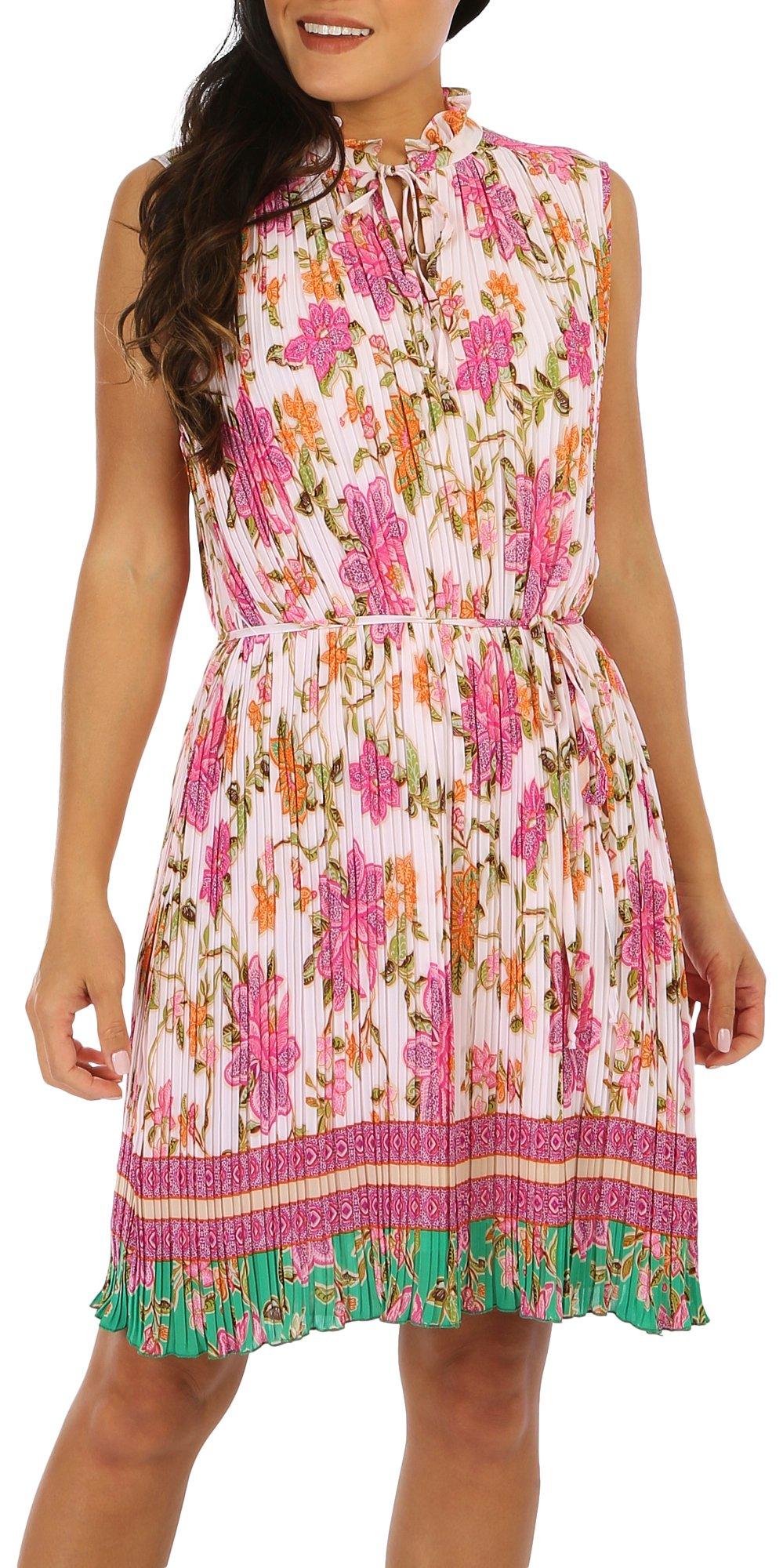 Womens Floral Pleated Sleeveless Dress