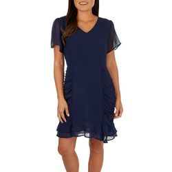Emma & Michelle Womens Solid Ruched Flutter Sleeve Dress