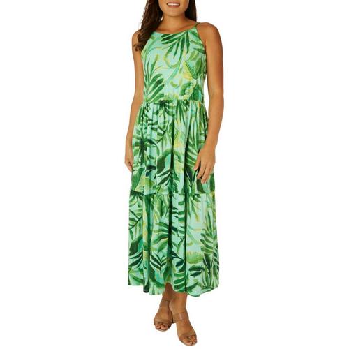 Emma & Michelle Womens Tropical Hi-Neck Tiered Dress