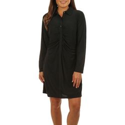 Womens Point Collar Solid Cinched Long Sleeve Dress