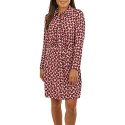 Womens Point Collar Printed Cinched Long Sleeve Dress