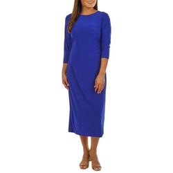 Womens Solid Cinched 3/4 Sleeve Midi Dress