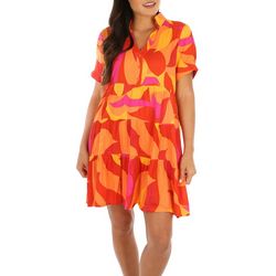 Womens Colorful Print Collared Tiered Short Sleeve Dress