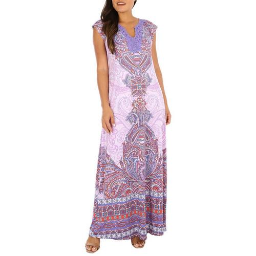 Womens Printed Lace Embellished Sleeveless Dress