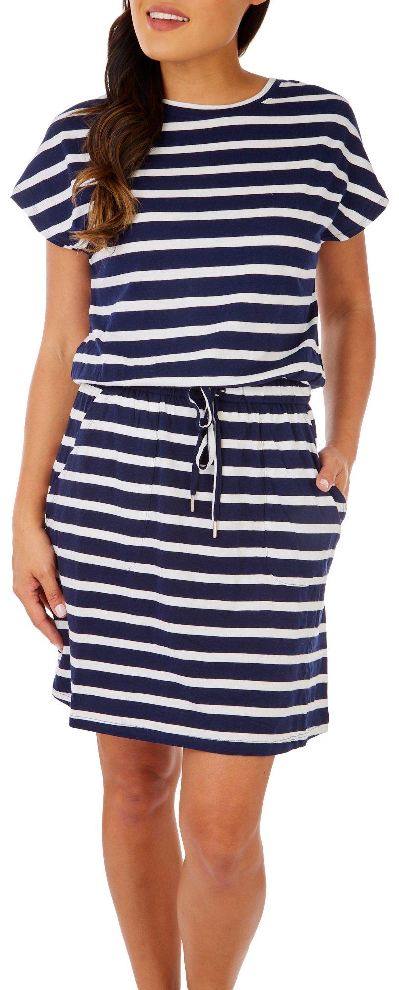 Womens Striped Cinch Waist Short Sleeve Dress