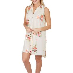 Womens Floral Embroidered Button Down Sleeveless Dress