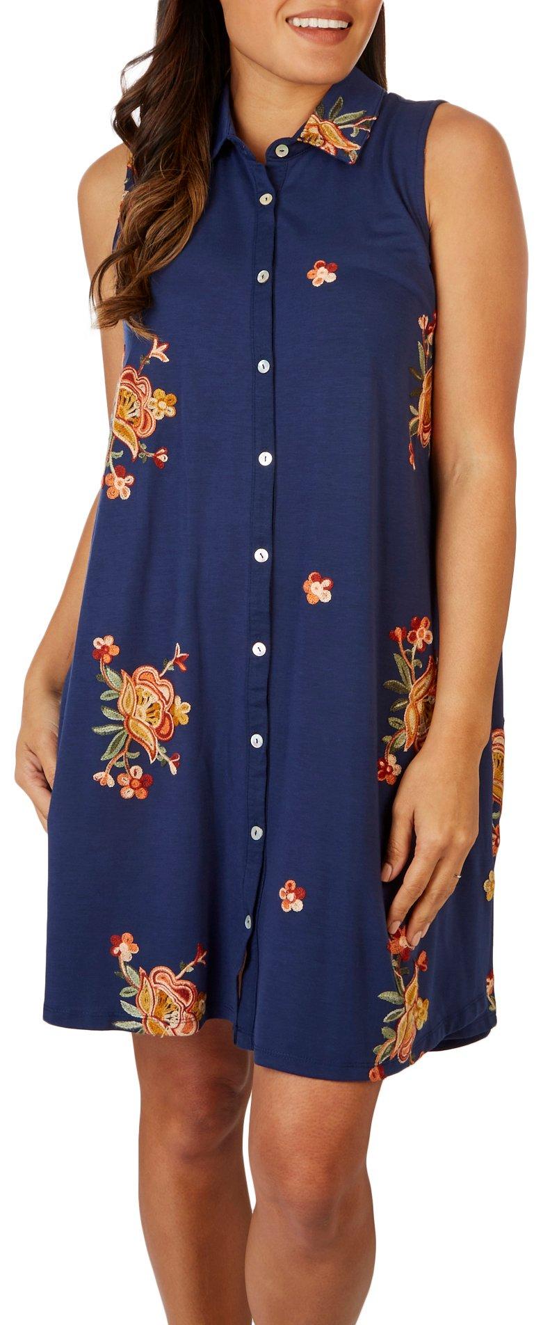Womens Floral Embroidered Collared Sleeveless Dress