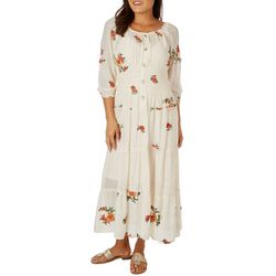 Fig & Flower Womens Embroidered Button Long Sleeve Dress