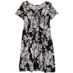 Womens Floral Seamed Front Lattice Tie Short Sleeve Dress